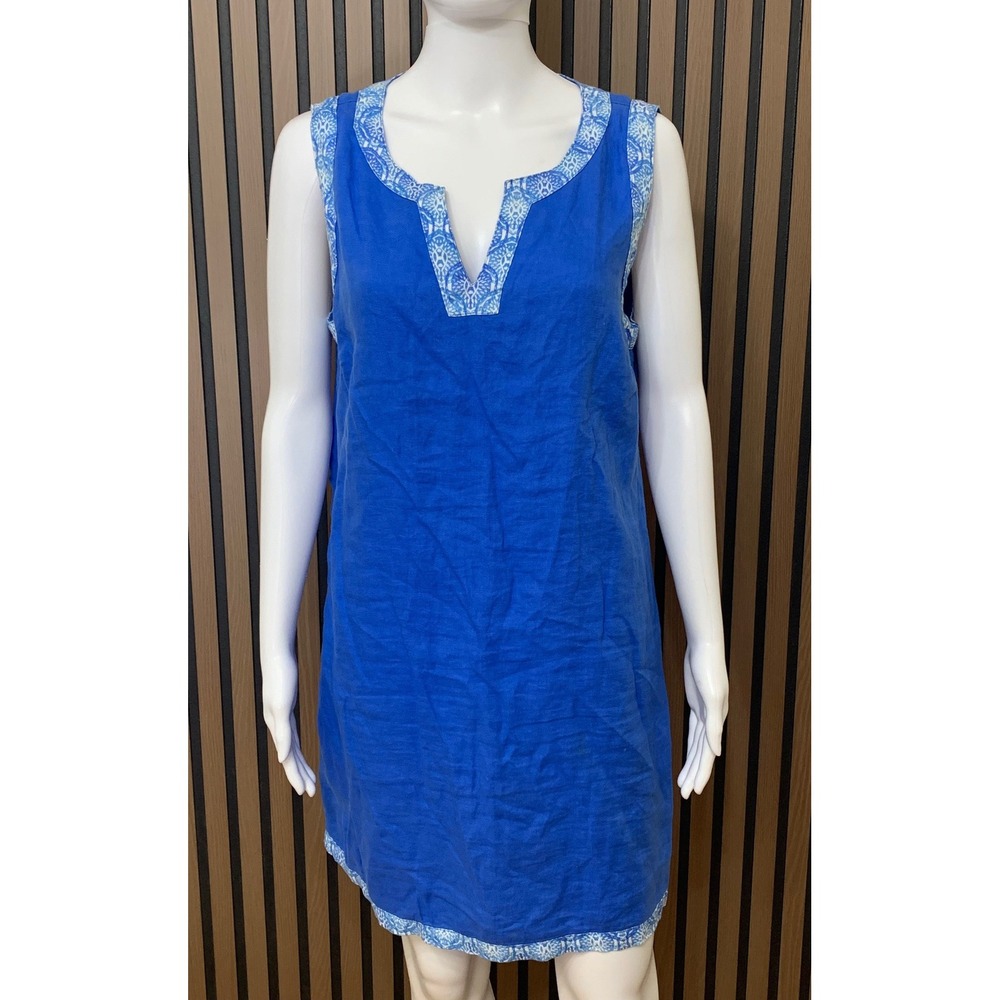 Sigrid Olsen Women's Blue 100% Linen Sleeveless Notched V-Neck Shift Dress M